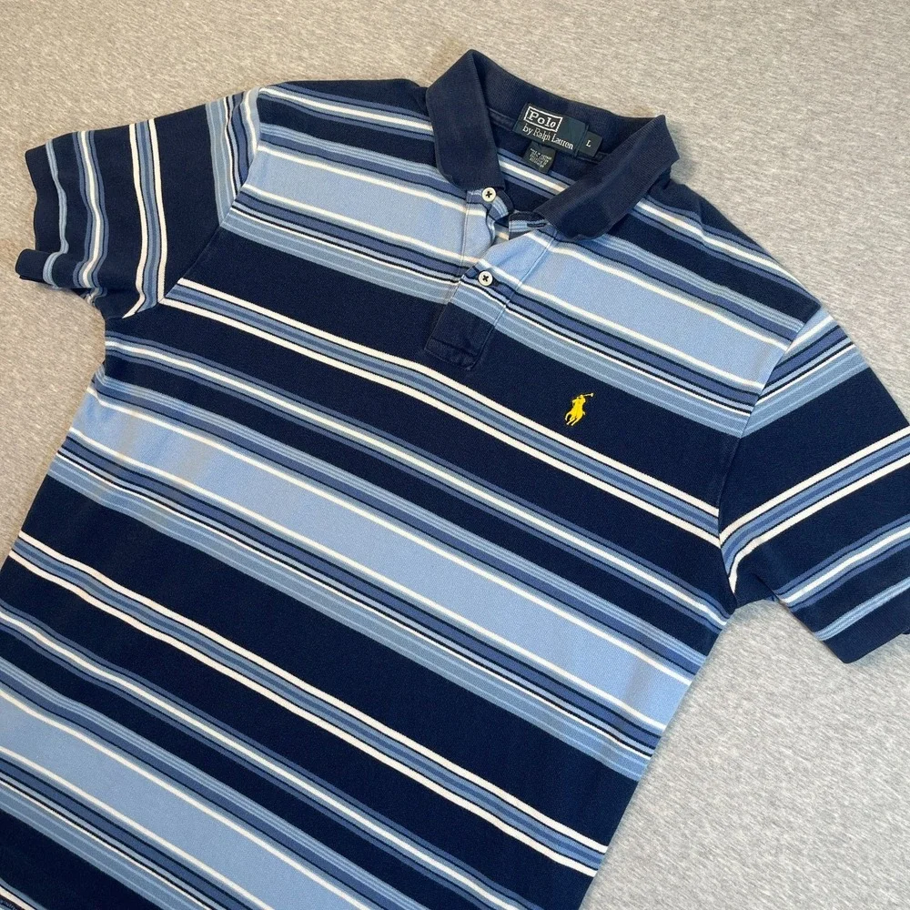 Polo Ralph Lauren Shirt Mens Large L Navy Stripe Pique Yellow Pony Polo Flaw
